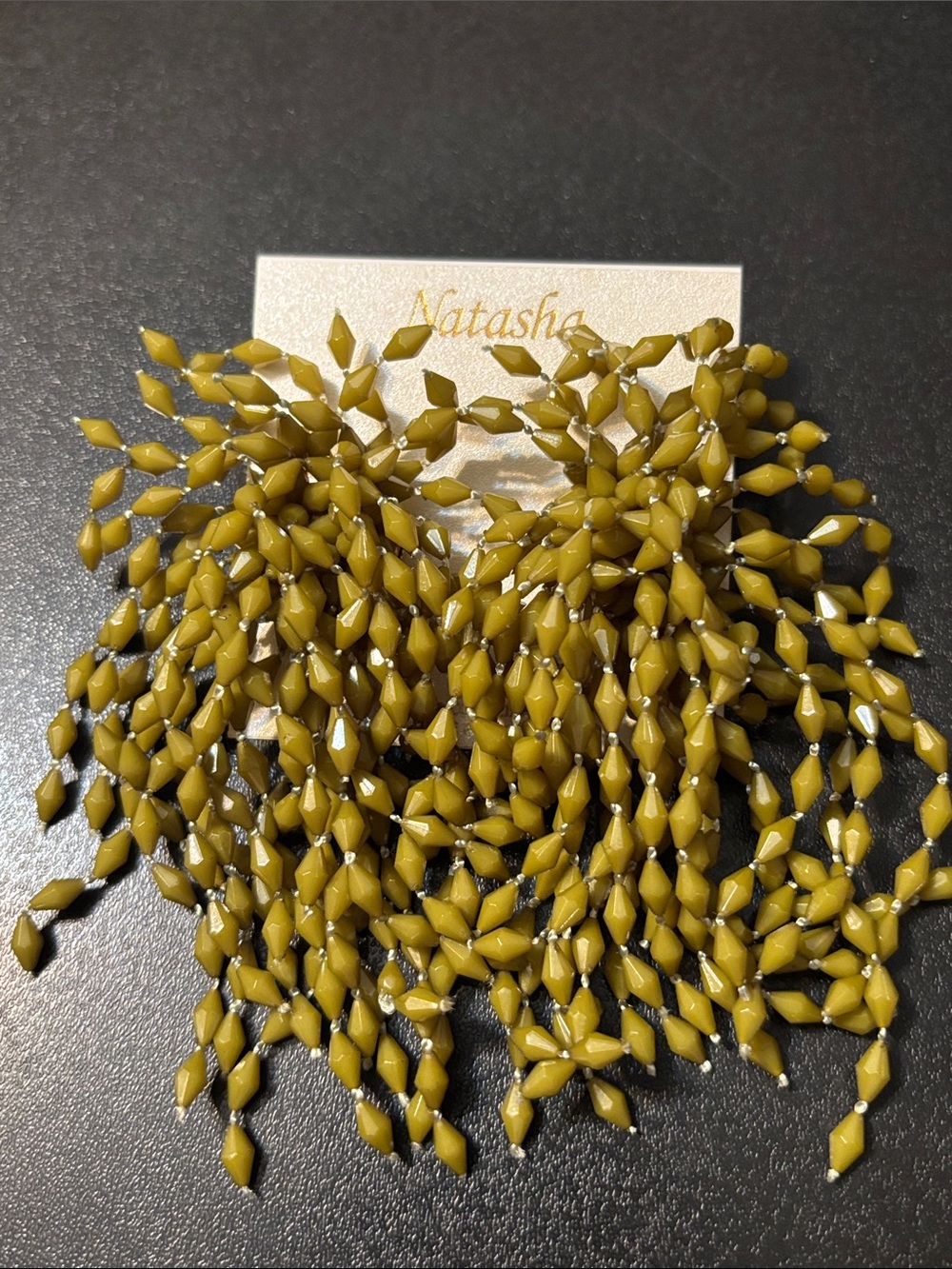 Natasha Couture Olive Dripping Beaded Fringe Earrings Green Statement Earrings
